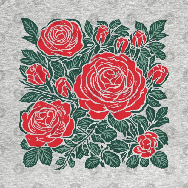 Woodblock Print Red Roses Pattern by craftydesigns